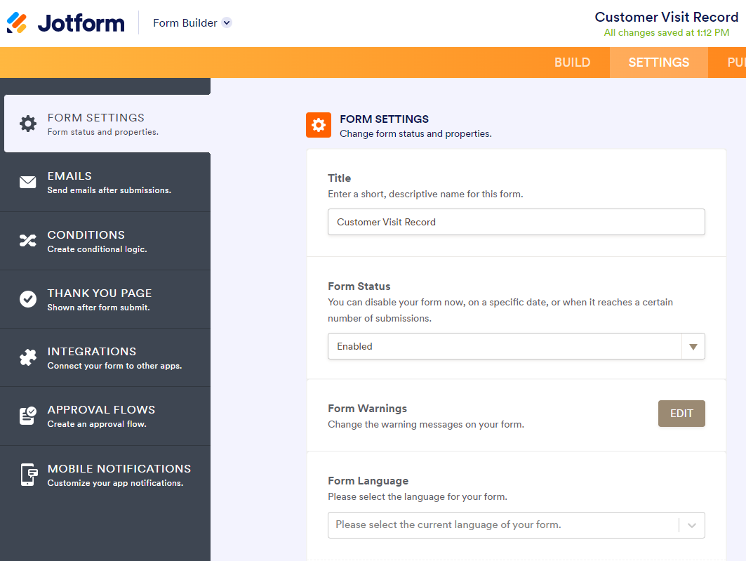 Jotform Form Settings